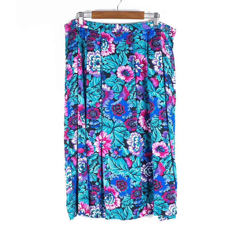 Vintage Floral Printed Pleated Front Midi Skirt 16
